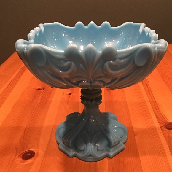 ANTIQUE FRENCH PORTIEUX VALLERYSTHAL BLUE OPALINE GLASS FOOTED COMPOTE GLOWY! - Picture 2 of 16